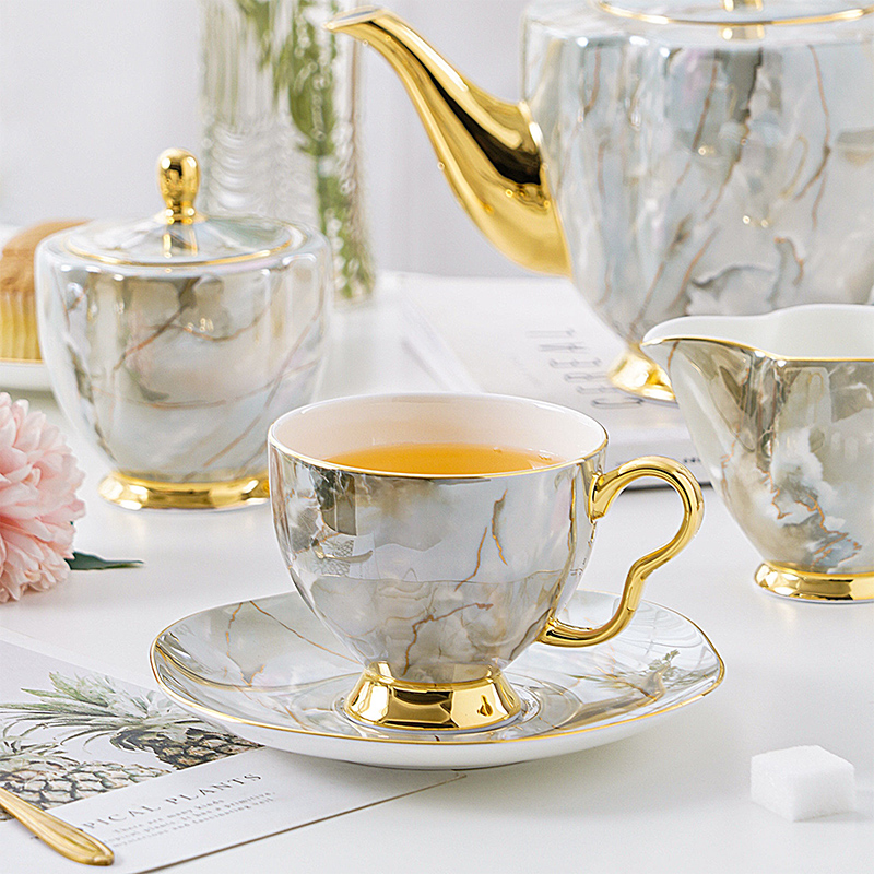 Afternoon Tea Set Marble Pattern 15-Piece Ceramic Bone China Teaware Coffee Cup and Saucer Set