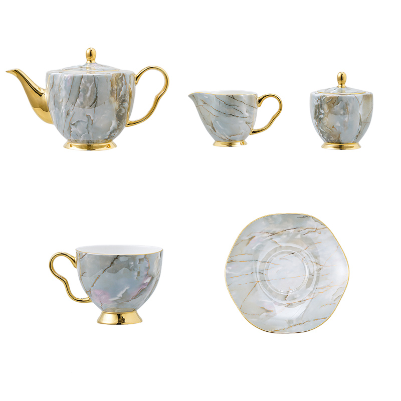 Afternoon Tea Set Marble Pattern 15-Piece Ceramic Bone China Teaware Coffee Cup and Saucer Set