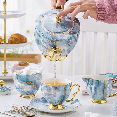 Elegant Bone China Tea Set with Saucers, Electric Blue Marble Pattern, and Coffee Cups - 15 Pieces
