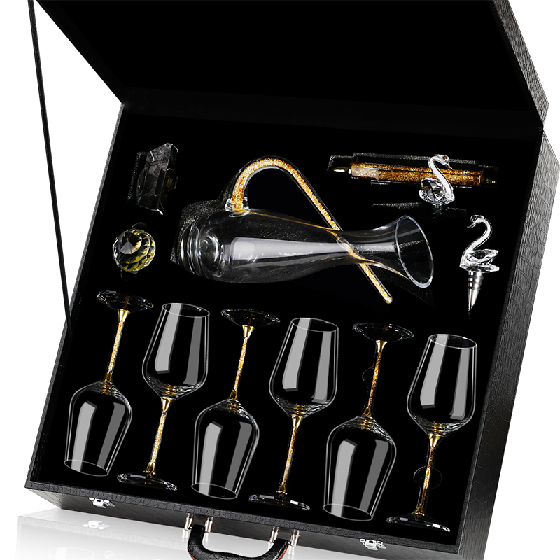 High-end 24K Gold Foil Red Wine Glass Set, Household Crystal Goblet, Large Decanter, Cup Holder, Leather Suitcase Set