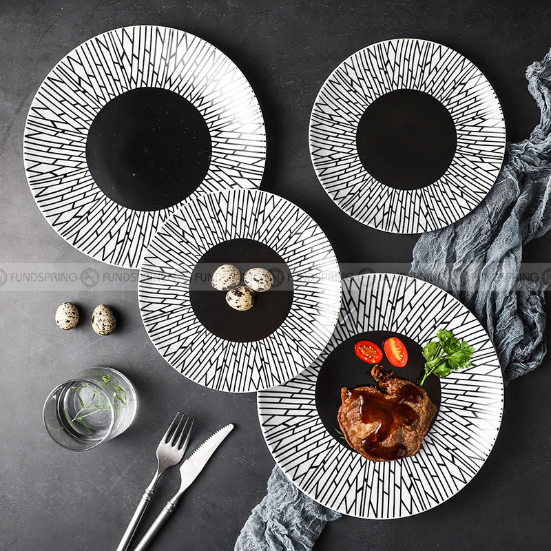 Minimalist Elegance: Ceramic Black Line Pasta & Steak Plate Set of 2 (8" and 10")