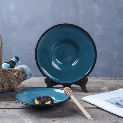 Blue Glazed Straw Hat Plate Ceramic Peacock Blue Shallow Soup Plate Blue Glazed Straw Hat Plate Ceramic Peacock Blue Shallow Soup Plate