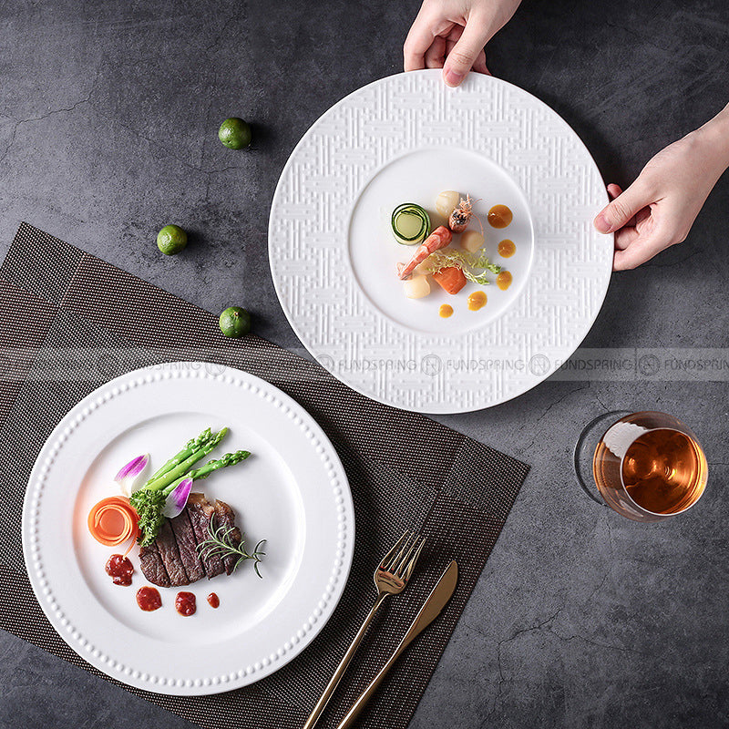 Simple White Dinnerware Ceramic Dinner Plates Round Flat Steak Plates 10.5"