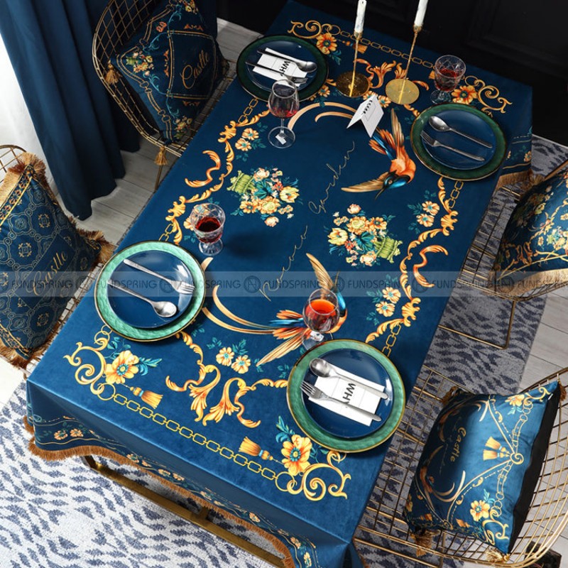 Rococo Tablecloth Blue Table Cover Retro Style Velvet Table Cloth