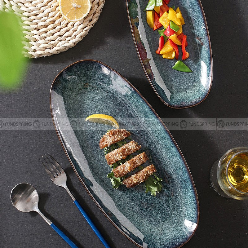 Kiln Glazed Ceramic Dinnerware Fish Plate Dinner Plate Green Oval Plate