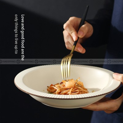 Nordic Matte Deep Dish Disc Korean Creative Brown Line Shallow Bowl 8.5" Nordic Matte Deep Dish Disc Korean Creative Brown Line Shallow Bowl 8.5"