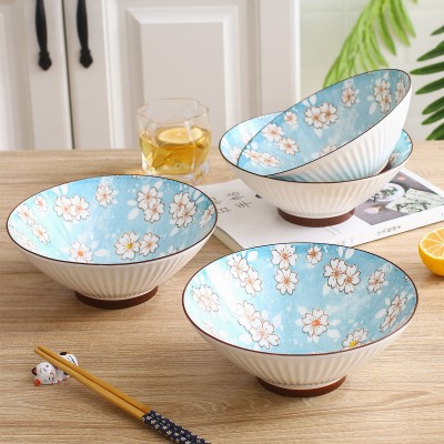 Winter Blossom Harmony: Set of 4 Ceramic Underglaze Bowls, 8 Inches, Snow Sakura Vertical Pattern Winter Blossom Harmony: Set of 4 Ceramic Underglaze Bowls, 8 Inches, Snow Sakura Vertical Pattern