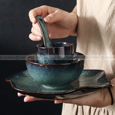 Kiln Change Dinnerware Green/Blue Glazed Ceramic Tableware Bowl Plate Kiln Change Dinnerware Green/Blue Glazed Ceramic Tableware Bowl Plate