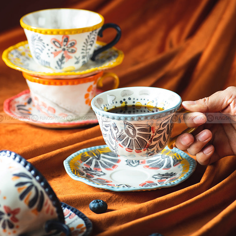 Vintage Hand Paint Underglazed Tea Cups Saucers Beads Rim Coffee Mugs