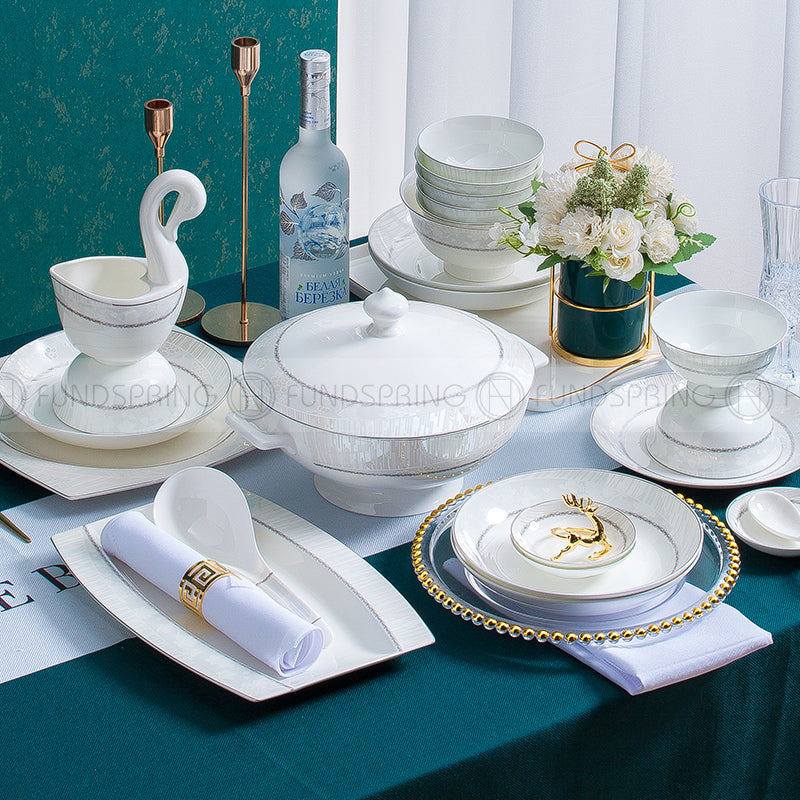 Bone China Dinnerware Set With Plates Bowls Simplism Tableware 48 Pcs