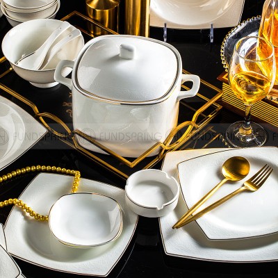 Bone China Dinnerware Set Plates/Bowls/Pot With Golden Gilded 50 Pcs Bone China Dinnerware Set Plates/Bowls/Pot With Golden Gilded 50 Pcs