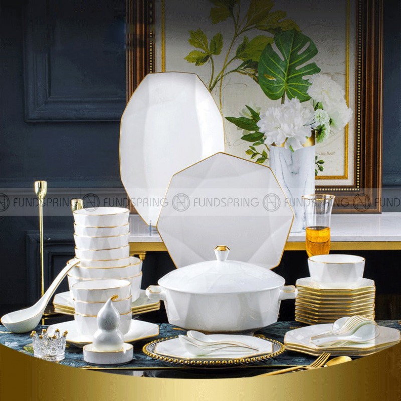 Nordic Gold Rim Bone China Dinnerware Set White Concise Tableware 30 Pcs
