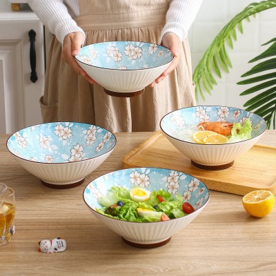 Winter Blossom Harmony: Set of 4 Ceramic Underglaze Bowls, 8 Inches, Snow Sakura Vertical Pattern Winter Blossom Harmony: Set of 4 Ceramic Underglaze Bowls, 8 Inches, Snow Sakura Vertical Pattern