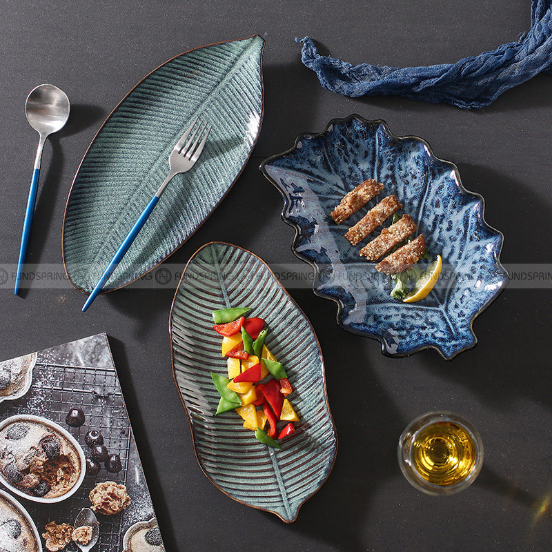 Japanese Ceramic Dinner Plate Leaf-shaped Glazed Kiln Change Plate