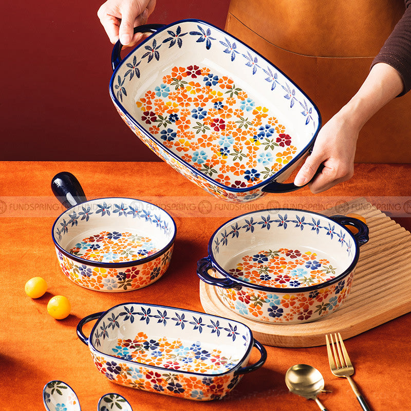 Under Glazed Flowers Rectangle Bakeware Round Baking Bowl With Handle