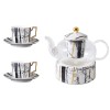 Bone China Tea Set with Infuser and Warmer, Marble Pattern, Glass Teapot and Tea Cups with Saucers - Set of 10