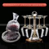 Crystal Glass Whirling Decanter with Silver and Gold Base and Wine Goblet Set