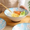 Winter Blossom Harmony: Set of 4 Ceramic Underglaze Bowls, 8 Inches, Snow Sakura Vertical Pattern