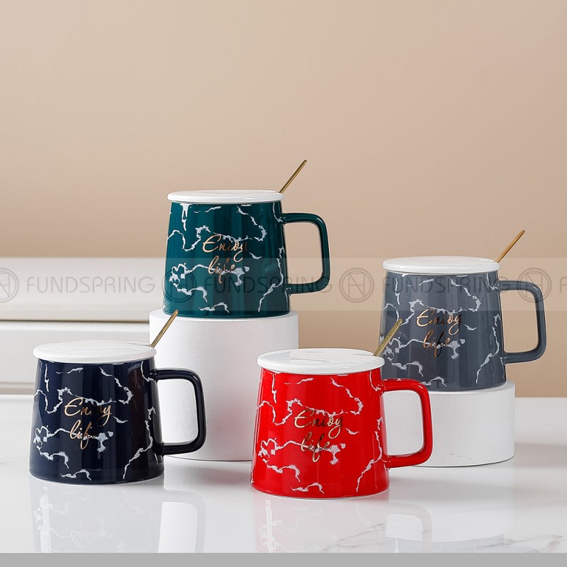 Nordic Marbled Mug Simple Ceramic Cup with Lid Spoon Coffee Water Cup 400ml