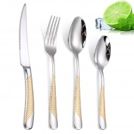 Steak Fork, Spoon, Knife Set, 304 Stainless Steel, Gold-plated Cutlery Set of 4 With Checkered Handle Steak Fork, Spoon, Knife Set, 304 Stainless Steel, Gold-plated Cutlery Set of 4 With Checkered Handle