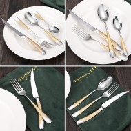 Steak Fork, Spoon, Knife Set, 304 Stainless Steel, Gold-plated Cutlery Set of 4 With Checkered Handle Steak Fork, Spoon, Knife Set, 304 Stainless Steel, Gold-plated Cutlery Set of 4 With Checkered Handle
