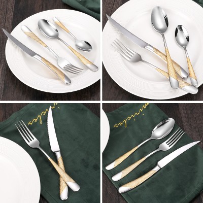 Steak Fork, Spoon, Knife Set, 304 Stainless Steel, Gold-plated Cutlery Set of 4 With Checkered Handle Steak Fork, Spoon, Knife Set, 304 Stainless Steel, Gold-plated Cutlery Set of 4 With Checkered Handle