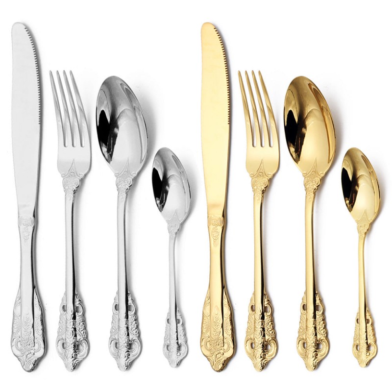 Europe Retro Gold, Silver Flatware Set Engraved Fork, Spoon, Knife For Dinner Set of 4