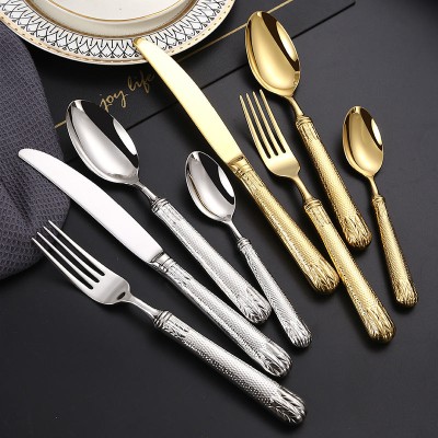 Cutlery Set of 4 With Hollow Handle, Wheat Engraving 304 Stainless Steel Fork, Knife, Spoon Cutlery Set of 4 With Hollow Handle, Wheat Engraving 304 Stainless Steel Fork, Knife, Spoon