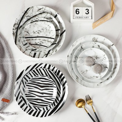 European Elegance Ceramic Dinner Plates - Marble-Inspired, Black and White Striped Set (8" and 10") European Elegance Ceramic Dinner Plates - Marble-Inspired, Black and White Striped Set (8" and 10")