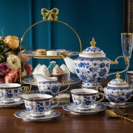 Italian Blue and White Tea Set Bone China Enamel Ceramic Flower Engraving Gold Gilded Coffee Set Italian Blue and White Tea Set Bone China Enamel Ceramic Flower Engraving Gold Gilded Coffee Set
