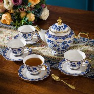 Italian Blue and White Tea Set Bone China Enamel Ceramic Flower Engraving Gold Gilded Coffee Set Italian Blue and White Tea Set Bone China Enamel Ceramic Flower Engraving Gold Gilded Coffee Set