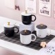 黒と白のセラミックコーヒーマグ - 蓋とスプーン付きコーヒーカップ