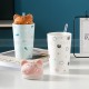 Cute Ceramic Water Cup Cartoon Cat Milk Cup Mug with Lid And Straw 480ml