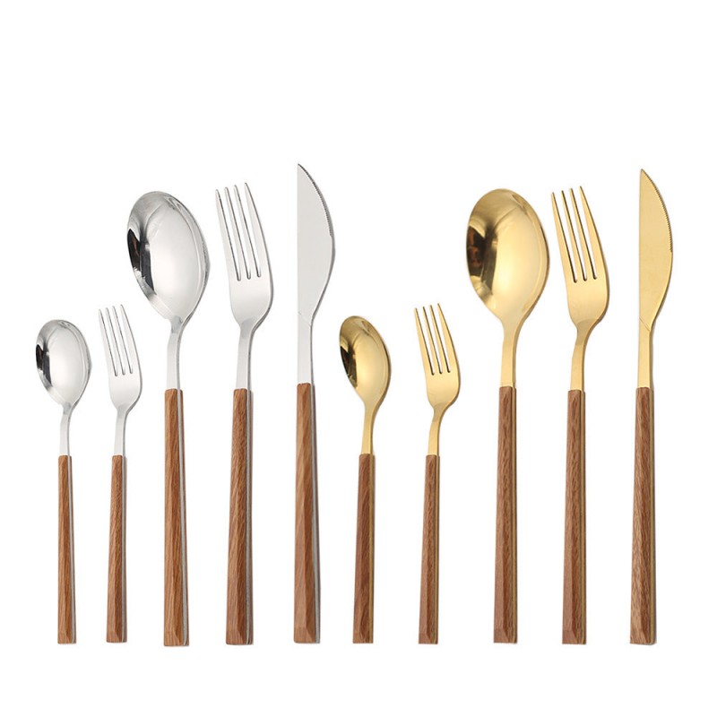 Stainless Steel White and Gold Fork, Spoon, Knife Flatware Set of 5 Imitation Wood Handle