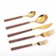 Stainless Steel White and Gold Fork, Spoon, Knife Flatware Set of 5 Imitation Wood Handle