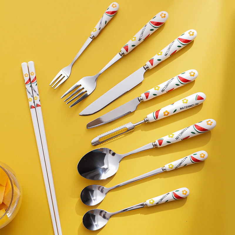 Creative Fruit Pattern Stainless Steel Fork, Knife, Spoon, Chopsticks, Steak Flatware Set